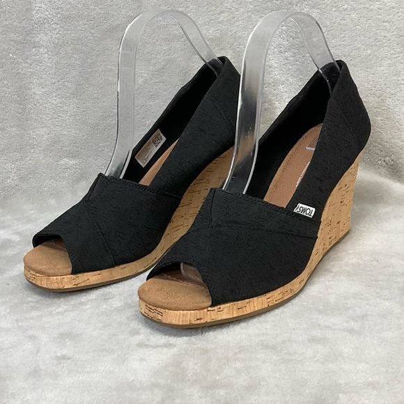 Toms Shoes - Tom’s Black Peep Toe Cork Wedge Sandals Heels Womens 9.5
